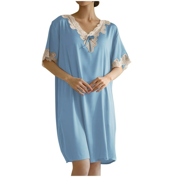 Uaswgudfs Women's 2025 Summer Casual V-Neck Midi Dress - Lace Trim Short Sleeve Silky Flowy Fabric Elegant Everyday Blue S