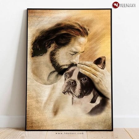 Vintage Jesus Christ Kissing Boston Terrier Dog Poster Home Decor Vintage Art Print Haging Poster Cute Birthday Gift Wall Art POSTER