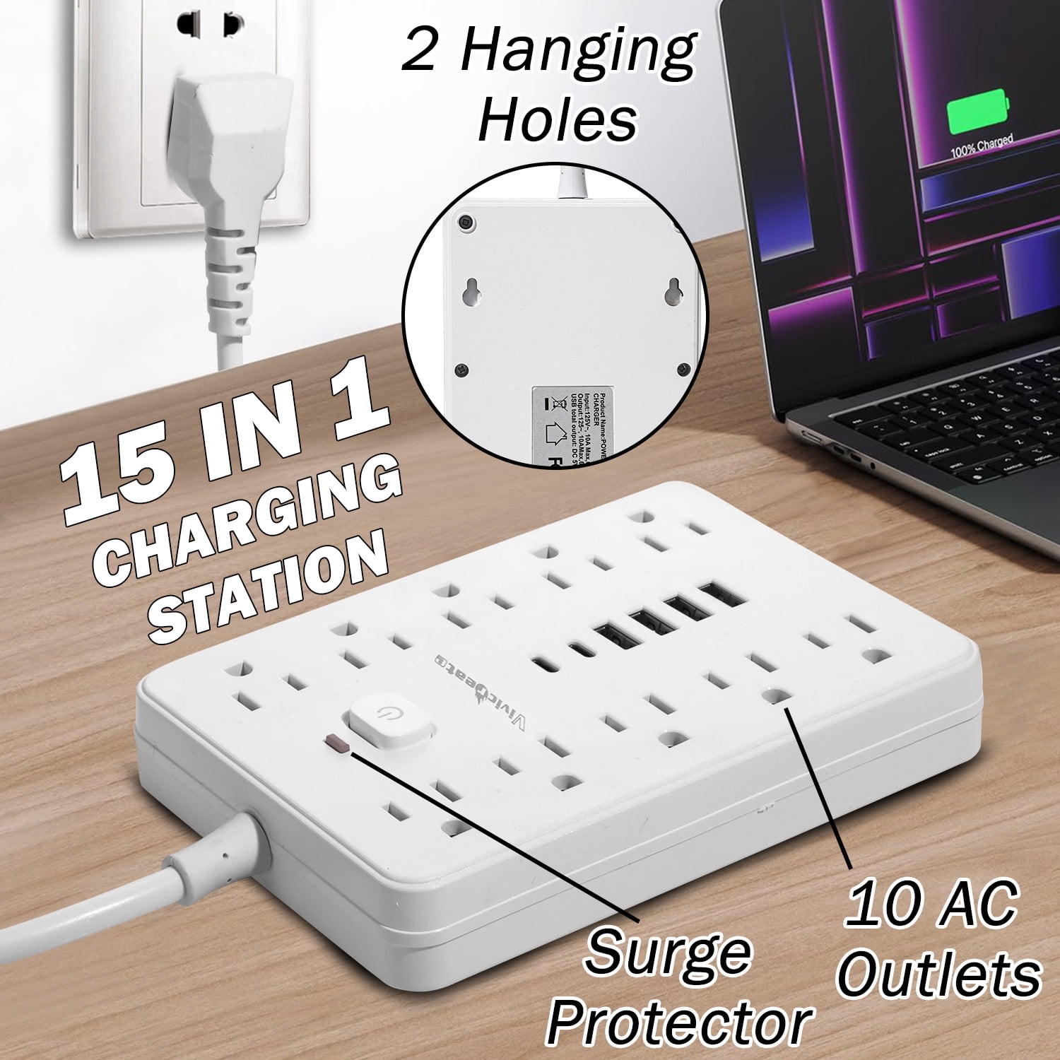 Vivicreate 15-in-1 Power Strip with 10 AC Outlets, 4 USB-A & 2 USB-C Ports, Ultra Flat Plug Surge Protector, 0.9m Extension Cord, Wall Mount Charging Station for Home, Office & Travel