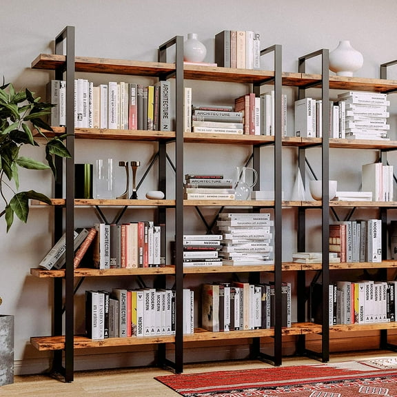 Industrial Bookshelf and Bookcase Double Wide 5 Tier, Large Open Shelves, Wood and Metal Bookshelves for Home Office Furniture, Easy Assembly