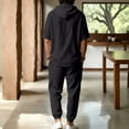 thumbnail image 6 of Men's Beach Outfit 2 Piece Linen Casual Button Down Henley Shirt Short Sleeve Loose Drawstring Hoodie and Harem Pants Vacation Sets for Men Size 3XL Black, 6 of 9