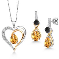 Gem Stone King 925 Sterling Silver and 10K Yellow Gold Yellow Citrine Black Onyx and White Lab Grown Diamond Pendant Necklace Earrings Set for Women (3.97 Cttw, with 18 inch Chain)