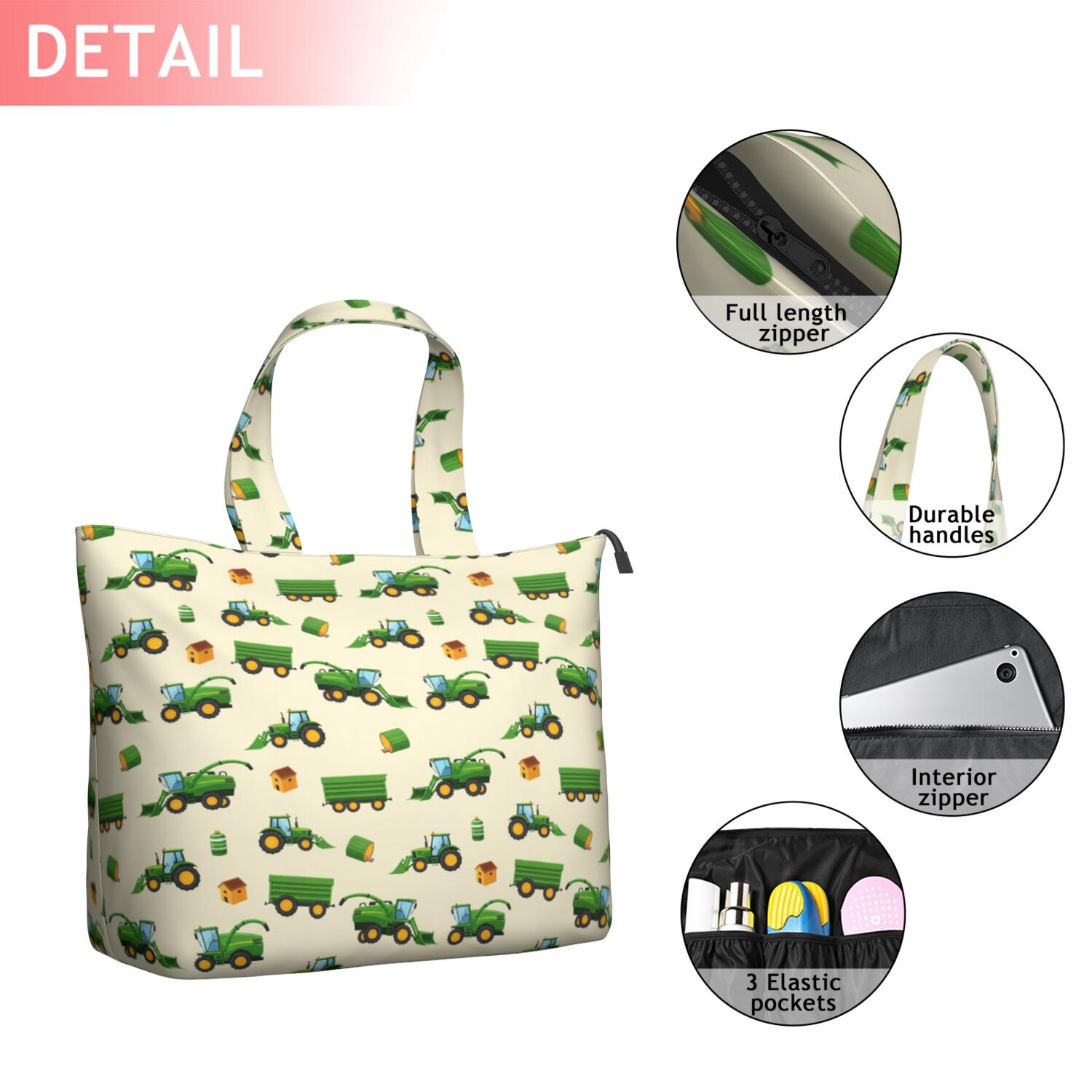 Cartoon Tractors Barns Beige Pattern Travel Tote Bags for Women Carry On,Large Weekender Bags for Women Travel,Multi Functional Duffle Bag for Work,Shopping,Sports