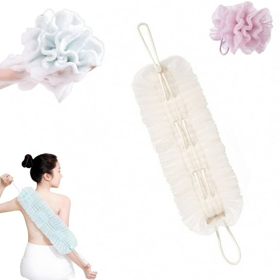 Cozival Exfoliating Back Scrubber, 2-In-1 Exfoliating Back Scrubber with Handle - Long Handle Loofah & Bath Towel in One, for Men and Women, Long Handle Loofah