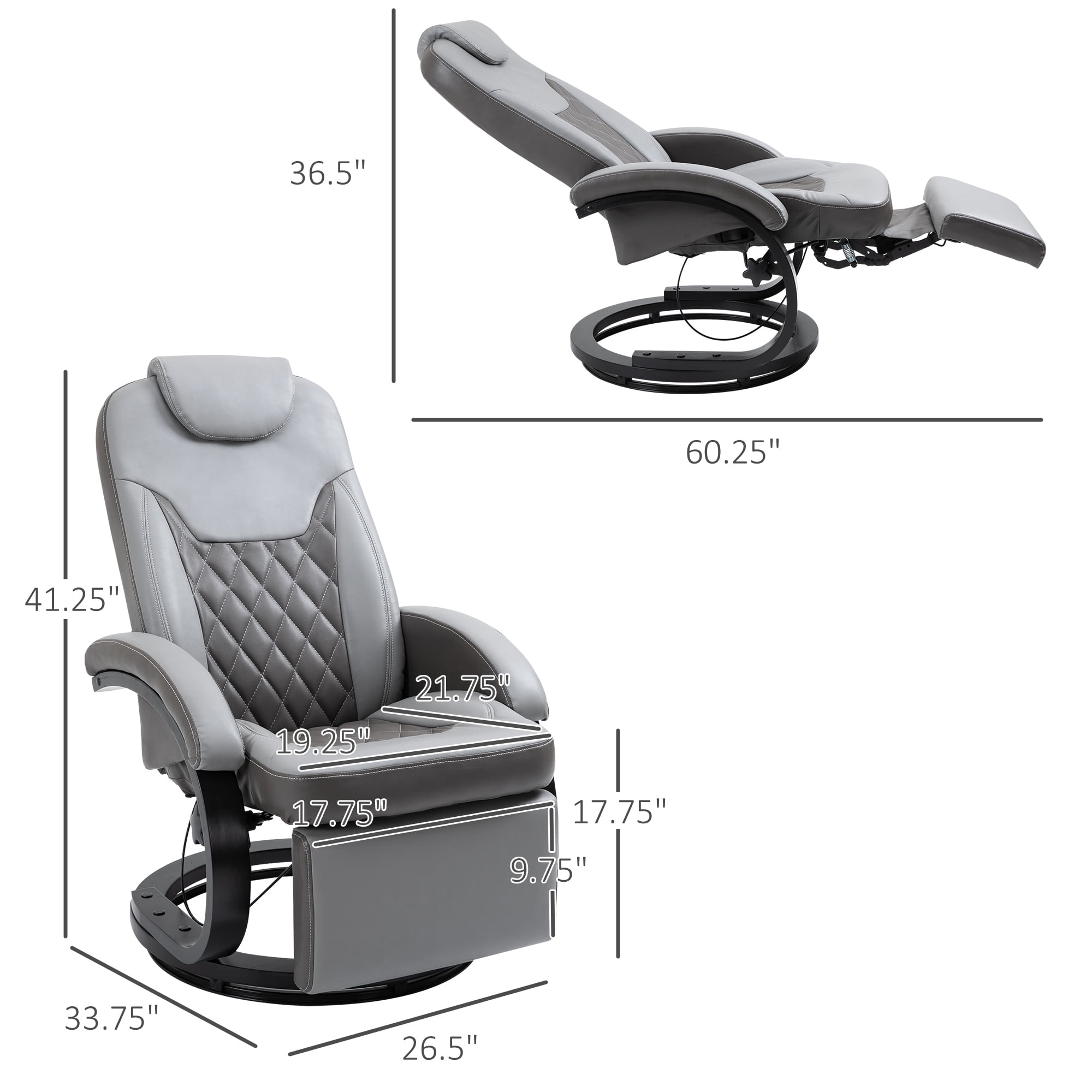 HOMCOM PU Recliner Reading Armchair with Footrest, Headrest and Round Steel/Wood Base for Living Room or Office, Gray