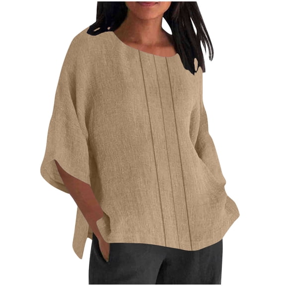 Women's Cotton Linen Batwing Sleeve Blouse Round Neck Pleated Casual Top 2026 Lightweight Summer Top for Daily and Home Wear