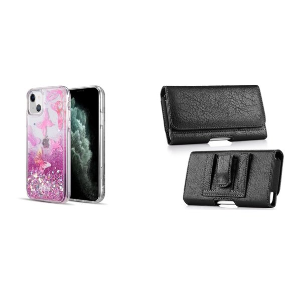 Liquid Glitter Case for iPhone 14 Plus and Belt Holster Pouch - Pink Butterfly