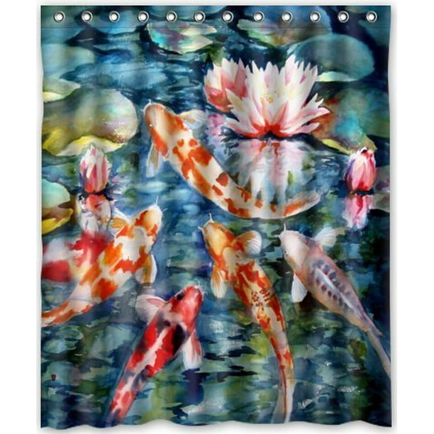 HelloDecor Japanese Koi Fish Shower Curtain Polyester Fabric Bathroom