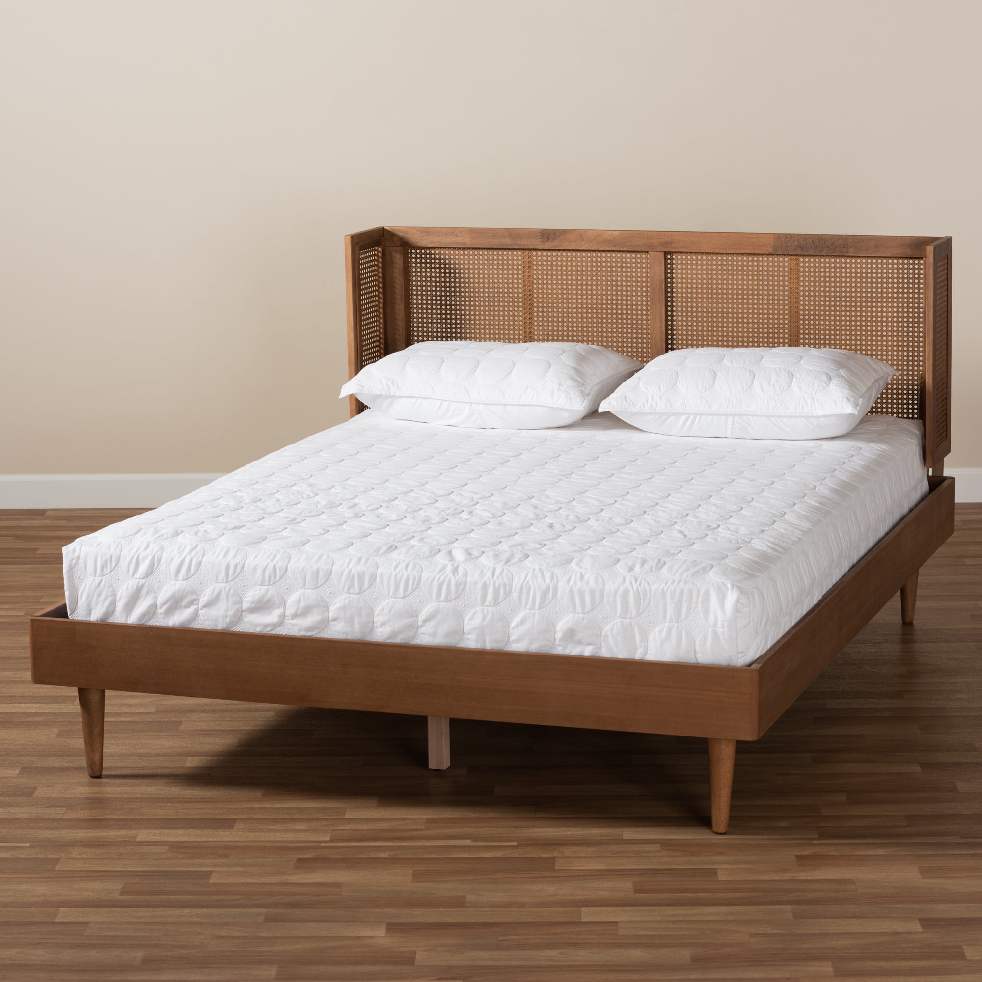 Baxton Studio Rina MidCentury Modern Ash Wanut Finished Wood and Synthetic Rattan Full Size Platform Bed with WrapAround Headboard