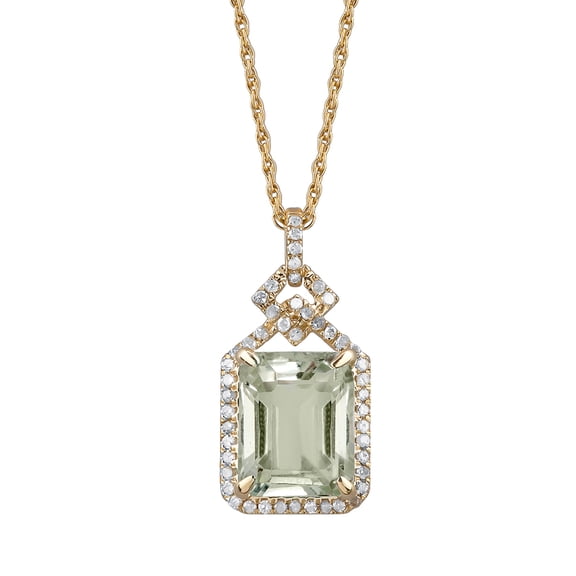 10k Yellow Gold Emerald-cut Green Amethyst and Diamond Halo Necklace