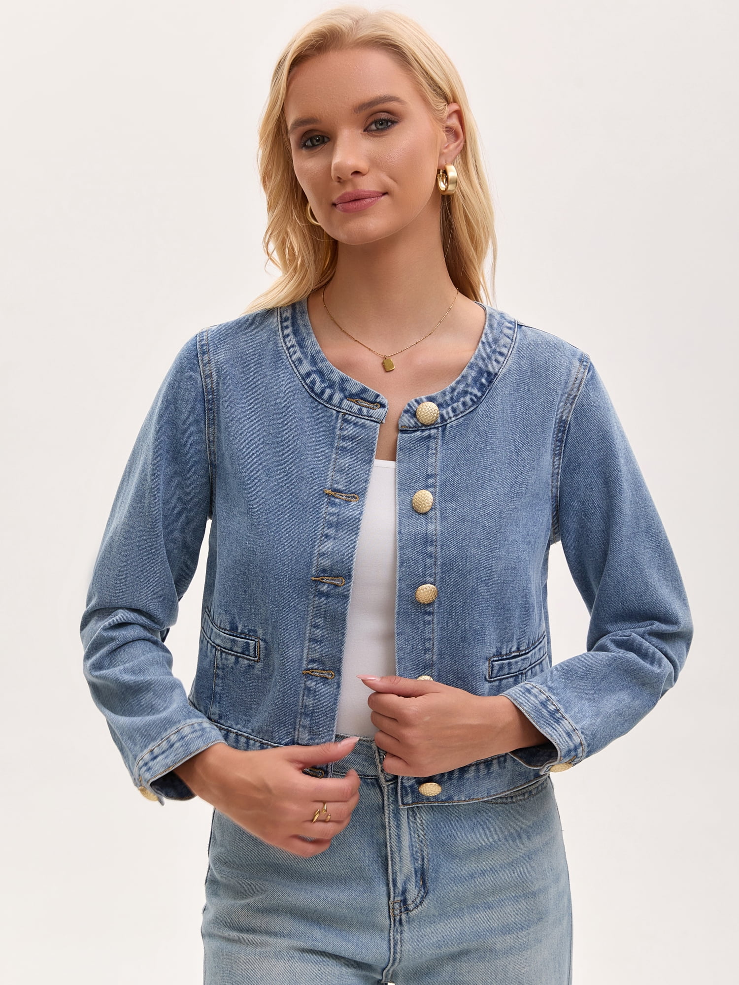 DARING DIVA Women's Collarless Long Sleeve Button Down Jean Jacket M Sky Blue