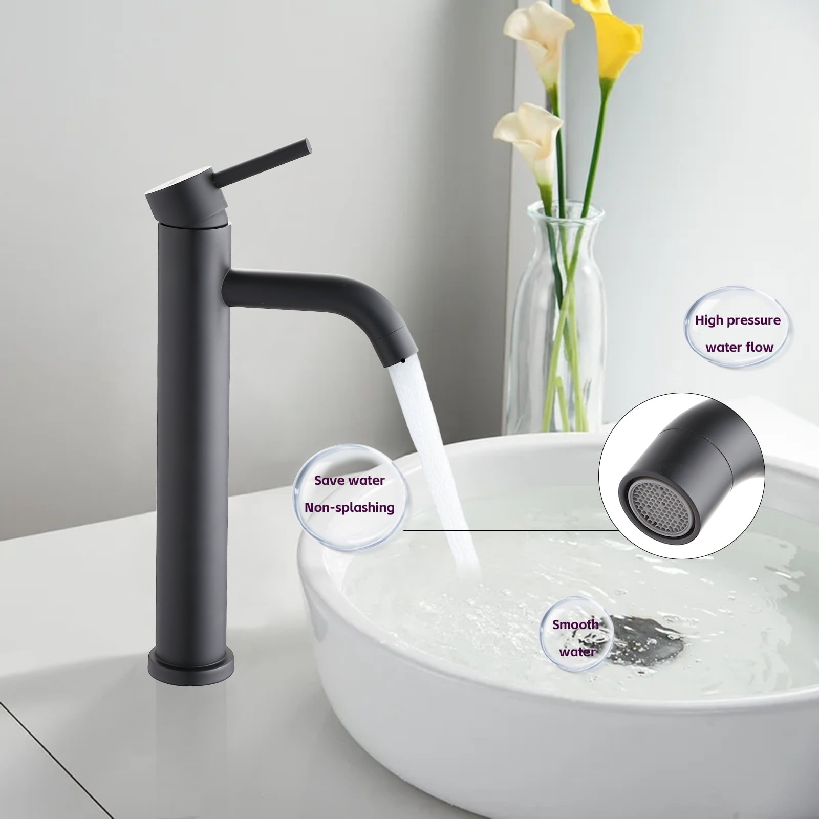 MAYEERTY Modern Single Handle One-Hole Tall Vessel Bathroom Sink Faucet, Stainless Steel, Matte Black