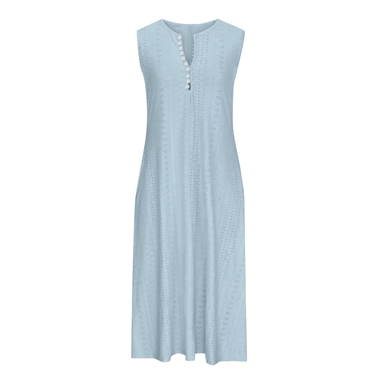 ATOYSOY Women's V Neck Pockets Tea Length A Line Dress Solid Color Beach Sundress Trendy Summer Saving Retro Sleeveless Button Elegant Casual Eyelet Dress for Girls Light Blue L