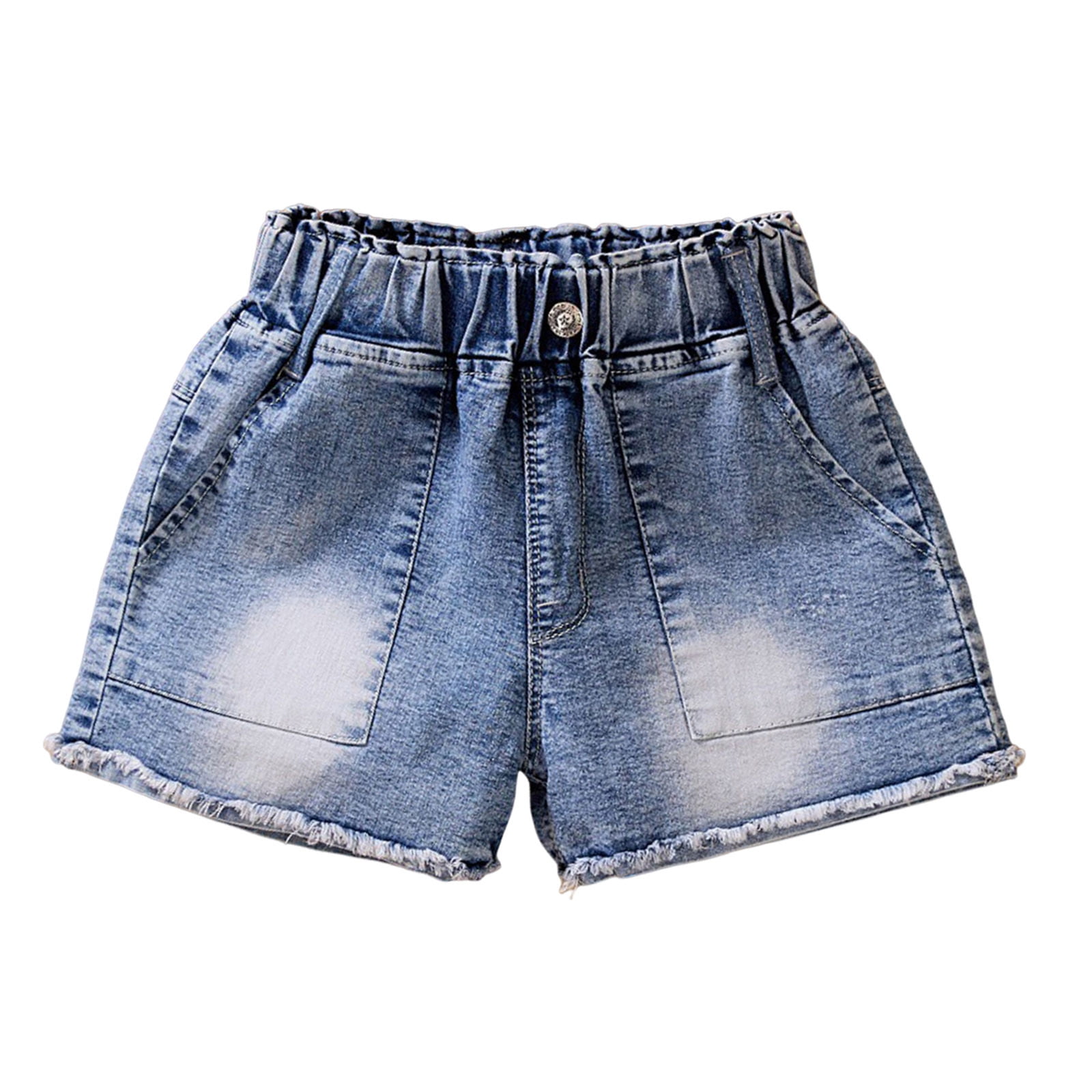 LNWUY Girls Summer Solid Color Denim Shorts Sports and Leisure Shorts for Kids Elastic Waist Jean Shorts 3-13 Years Blue 5-6 Years