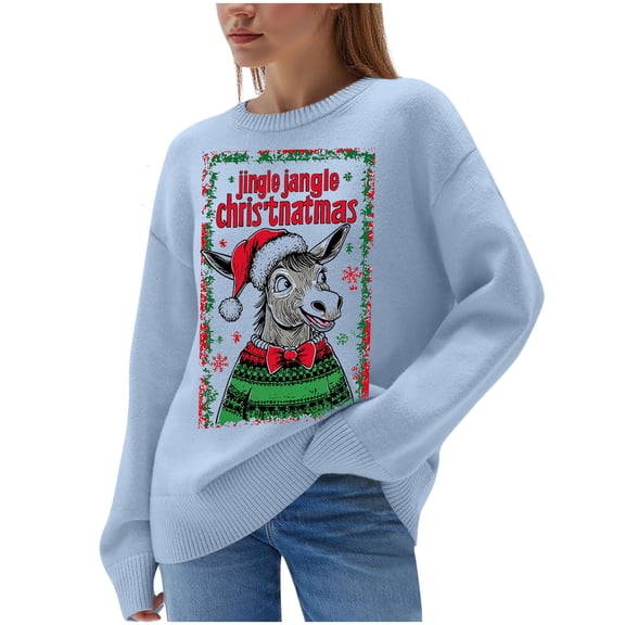 Generic Womens Christmas Sweater Cute Santa Xmas Sweatshirts Novelty Funny Long Sleeve Creweck Knit Sweaters