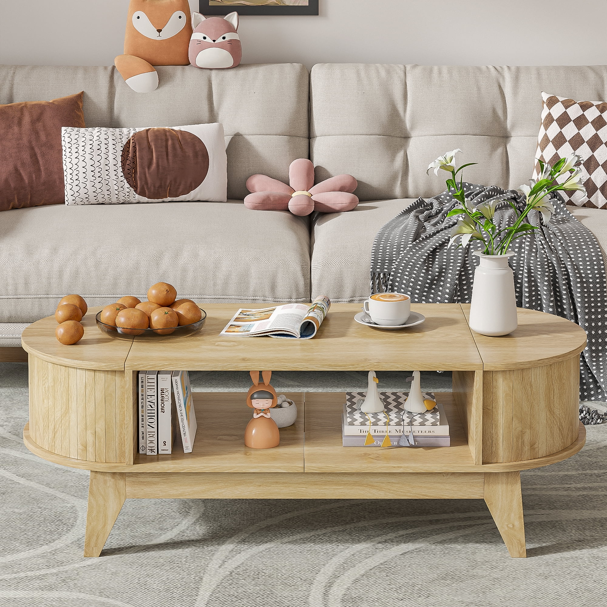 Fluted Coffee Table with Storage, Modern Coffee Tables, Wood Accent Center Table, Natural