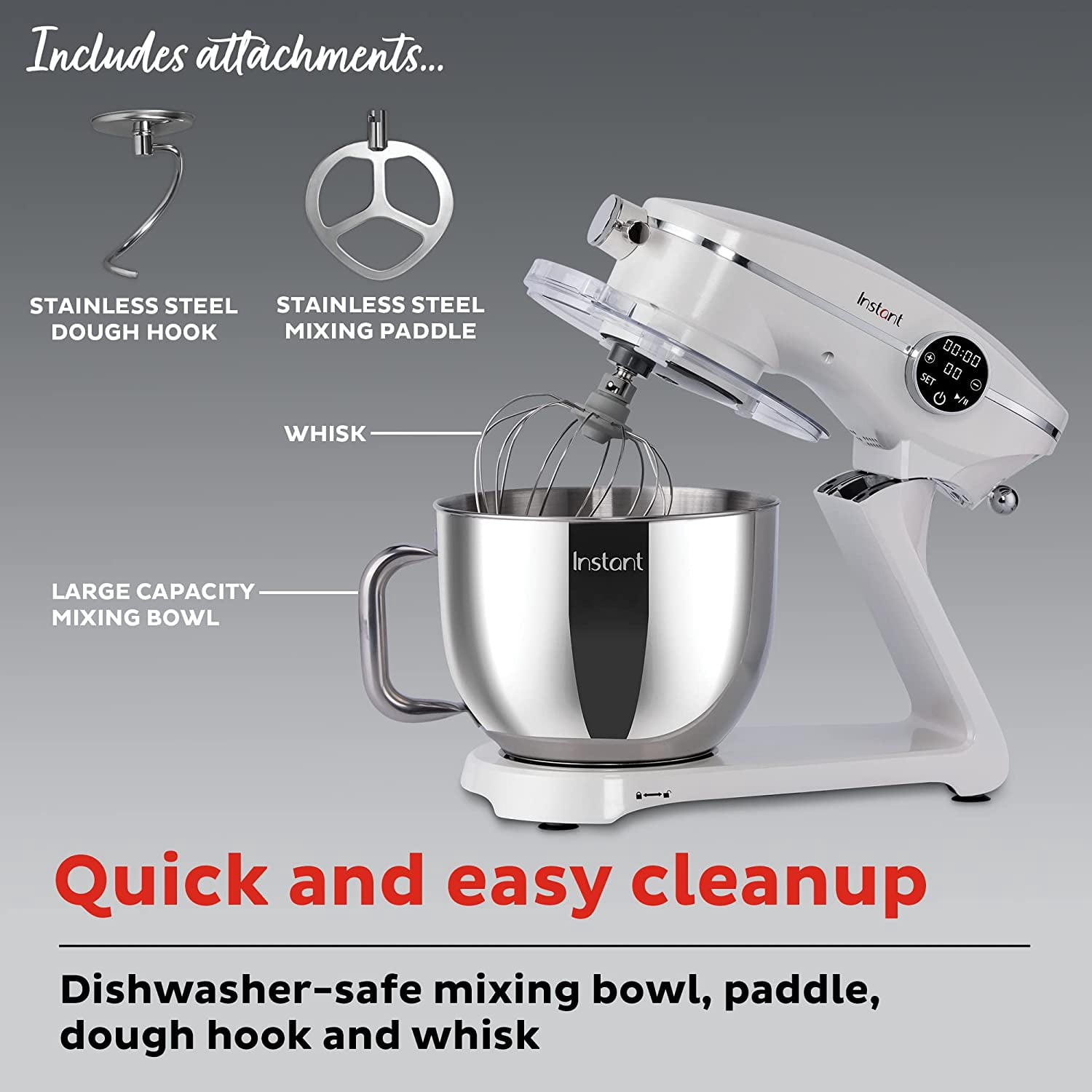 Instant 7.4 qt Stand Mixer Pro, 600W 10-Speed with Digital Interface and Dishwasher Safe Accessories, Pearl White