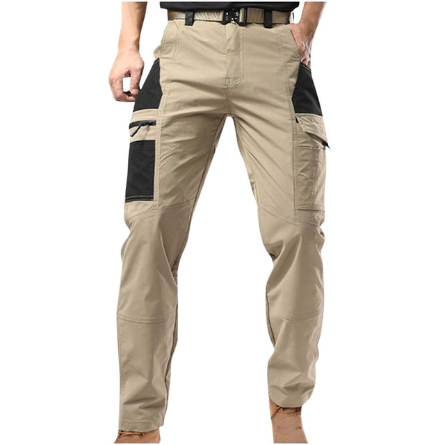 pantalones largos para hombre, con bolsillos, color combinado, rectos, para exteriores, montañismo, versátiles, de poliéster, blusa y pantalón. Pantalón khaki con paneles negros en bolsillos laterales y muslo, corte recto clásico, cintura con trabillas y cierre frontal, múltiples bolsillos cargo visibles; poliéster ligero que no se encoge ni destiñe y con absorción de humedad; talla XL (cintura 95 cm, largo 108 cm).