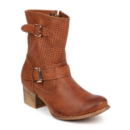 

New Women Liliana Norman-3 Hollow Leatherette Round Toe Buckle Strap Riding Boot