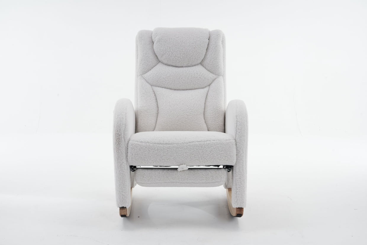 Nursery Rocking Chair with Two Side Pockets & Adjustable Footrest, Teddy Fabric Rocker with High Backrest, Modern Rocking Accent Chair for Living Room, Bedroom, Ivory
