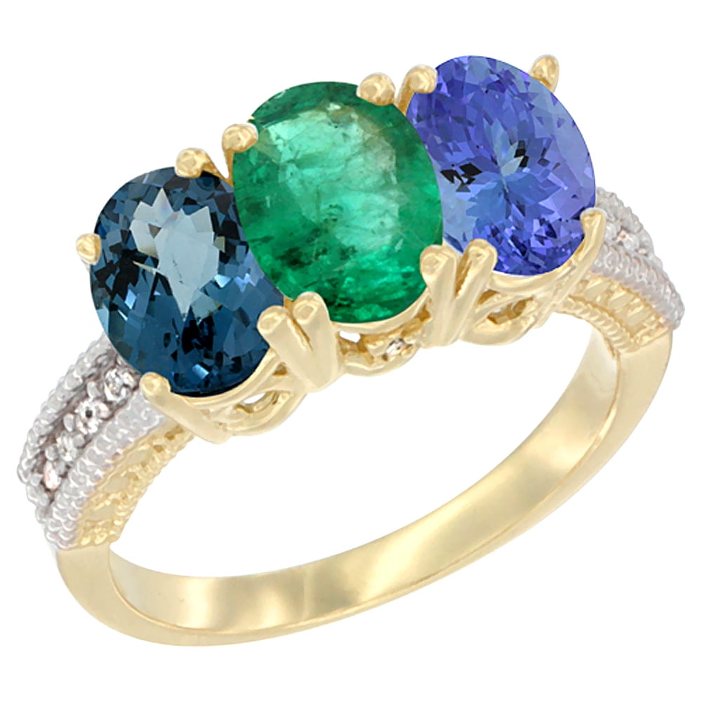 14K Yellow Gold Natural London Blue Topaz, Emerald & Tanzanite Ring 3-Stone 7x5 mm Oval Diamond Accent, sizes 5 10 by WorldJewels
