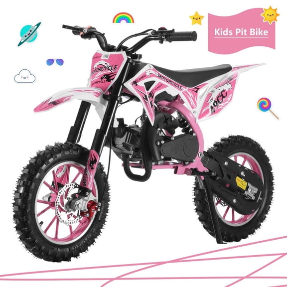 Postuois 49cc Kids Dirt Bike 2-Stroke, Gas Power Motorcycle Off Road Motocross Gas Dirt Bike with Front Rear Disc Brakes for Beginner Motocross Bikes for Kids 7-12 (Max 24KM/H 150KG Load) Pink