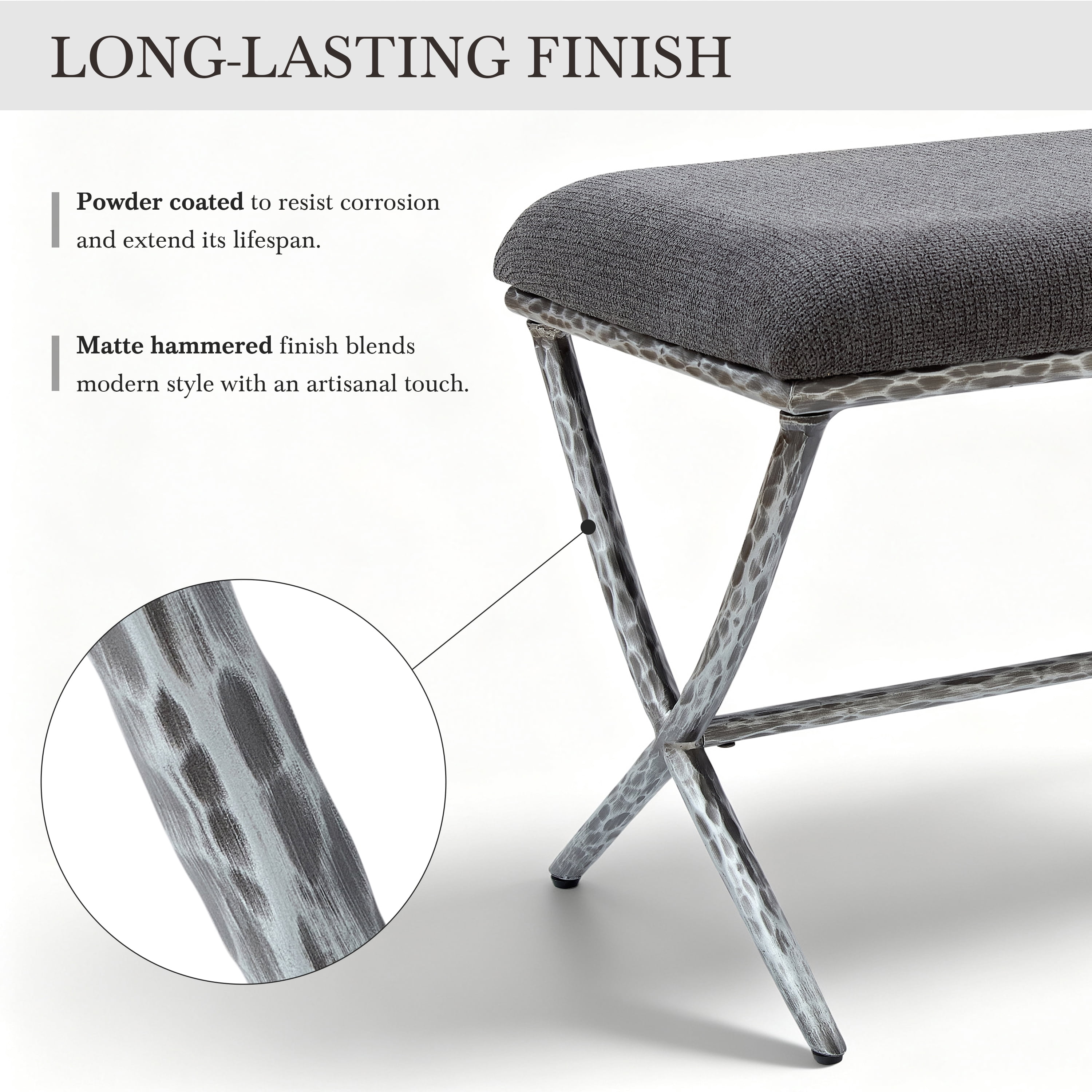 GARITIN Rectangular Ottoman 24.5 Inch, Upholstered Footrest with X Base and Hammered Metal Legs for Living Room Bedroom, Gray