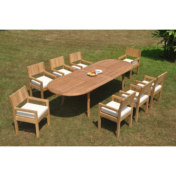 Grade-A Teak Dining Set: 8 Seater 9 Pc: 118" Double Extension Oval Table And 8 Veranda Arm Chairs Outdoor Patio WholesaleTeak #WMVR10