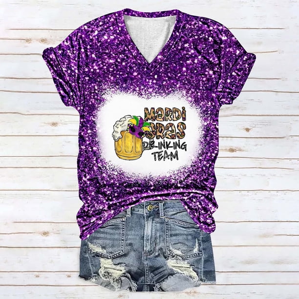 Fiudx Ofertas Flash Del Día Solo En Línea Blusa de Manga Corta con Estampado de Carnaval para Mujer, Tops Informales con Cuello Redondo