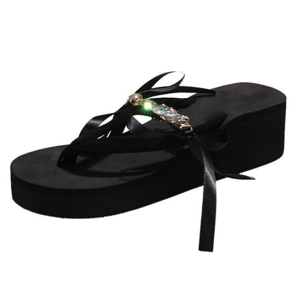 

Daznico Womens Sandals Women Slippers Thick Soles Wedge Heels Flip Flops Rhinestone Ribbon Bow Lightweight Casual Beach Style ( Black 9 )