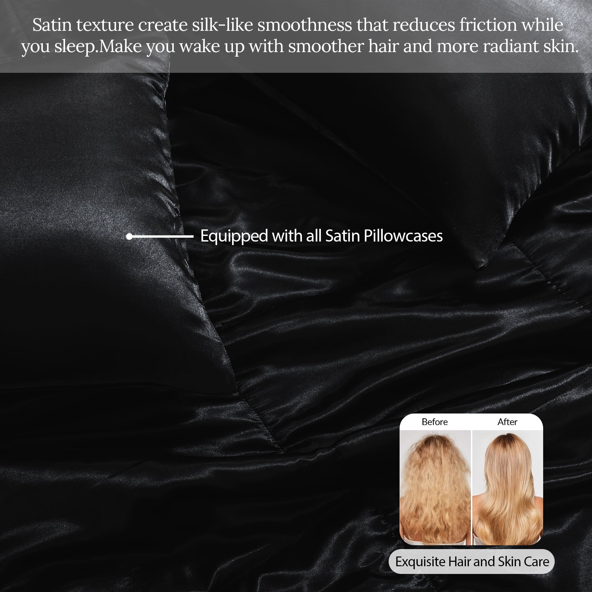 Whale Flotilla 3-Piece Reversible Silky Satin King Size Comforter Bedding Set, Lightweight Luxury Comforters with 2 Pillowcases All-Season, Black