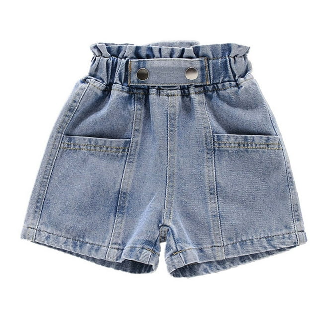 FAIWAD Girls' Stretch High Waisted Ripped Denim Shorts, Elastic Waist, Button Front, Straight Leg