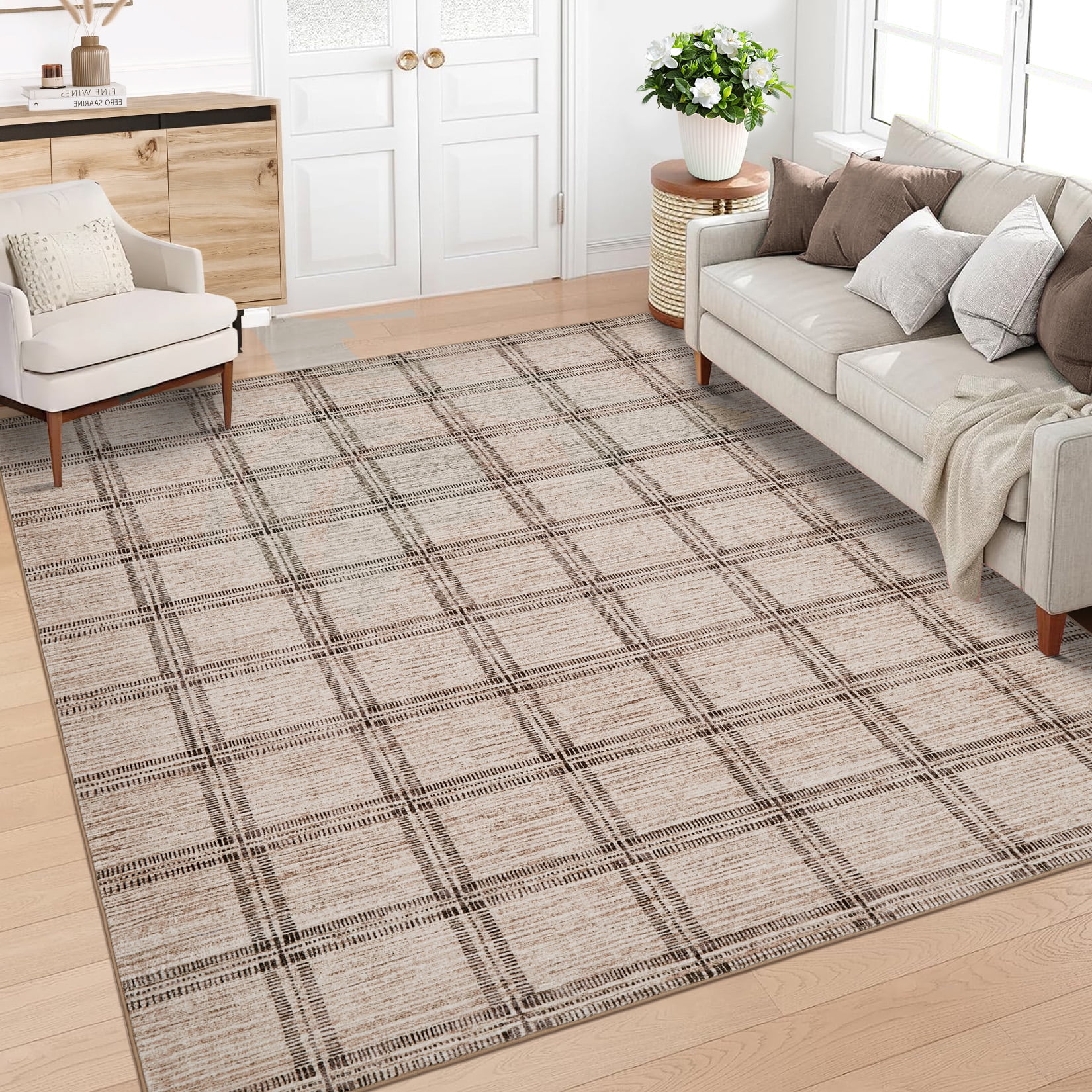 Garvee 10'x13' Area Rug Modern Striped Geometric Carpet, Washsble Plaid Rug Non Slip Stain Resistant Indoor Floor Mats for Living Room Bedroom Dining Room, Camel