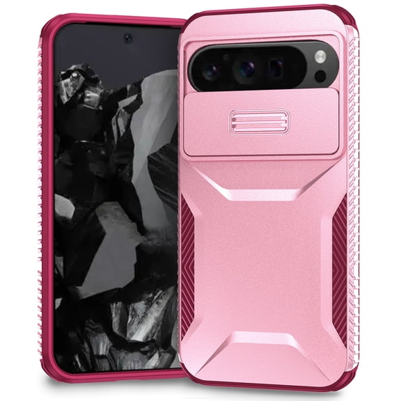 for Google Pixel 9 Pro Case with Sliding Camera Lens Cover, Shockproof Rugged Hard PC Back & TPU Edge Military Grade Dual-Layers Protection Non-Slip Phone Case for Google Pixel 9 Pro, Pink