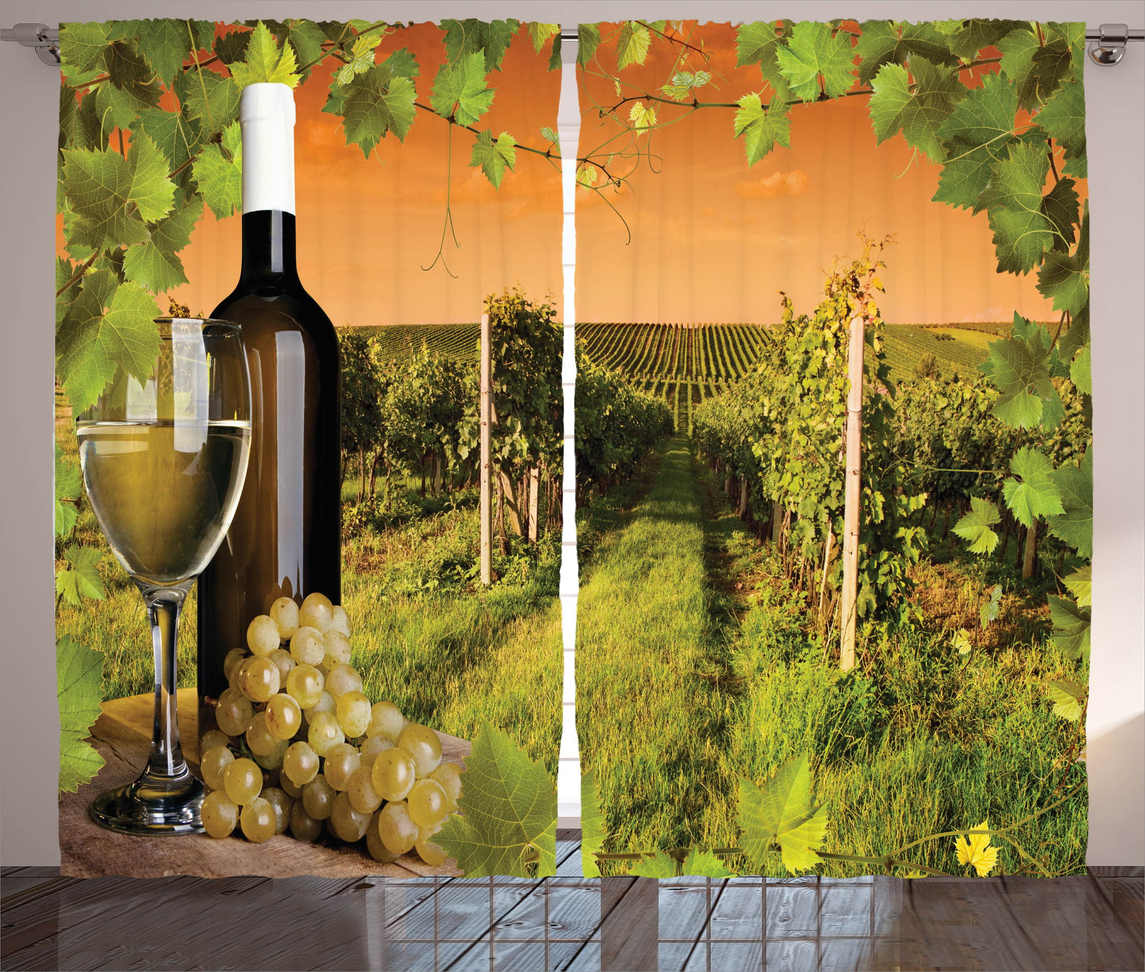 Wine Decor Curtains 2 Panels Set, Bottle and Glass of Wine and the