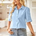 thumbnail image 5 of Ashirexll Shirts for Women Summer Short Sleeve Solid Color Turndown Collar Button Casual Loose Business Casual Tops for Women Sky Blue L, 5 of 8