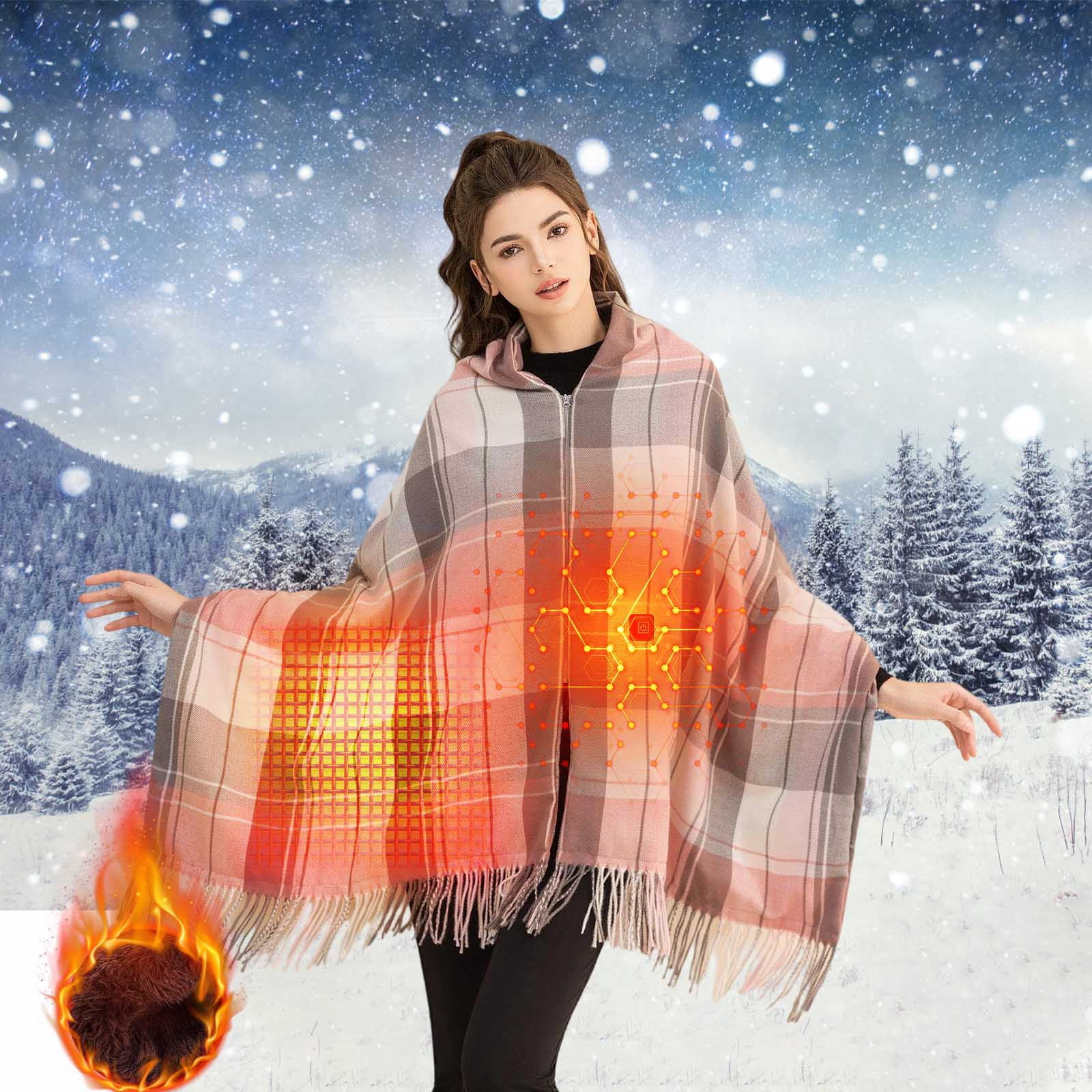 Heated Throw Blanket Battery Operated, Check Pattern Portable Cordless Heated Shawl Ponchol with 2 Heating Areas, Electric Wearable Heating Blanket (C)