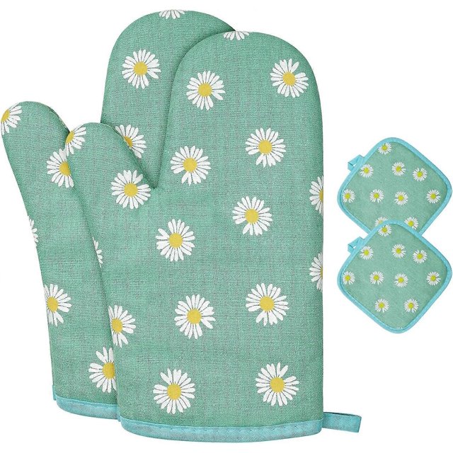 Oven Mitts and Potholders, BBQ Gloves , 1 Pair Oven Mitts and 2 Pot Holders, for Cooking Baking Kitchen Microwave Pizza -Qin