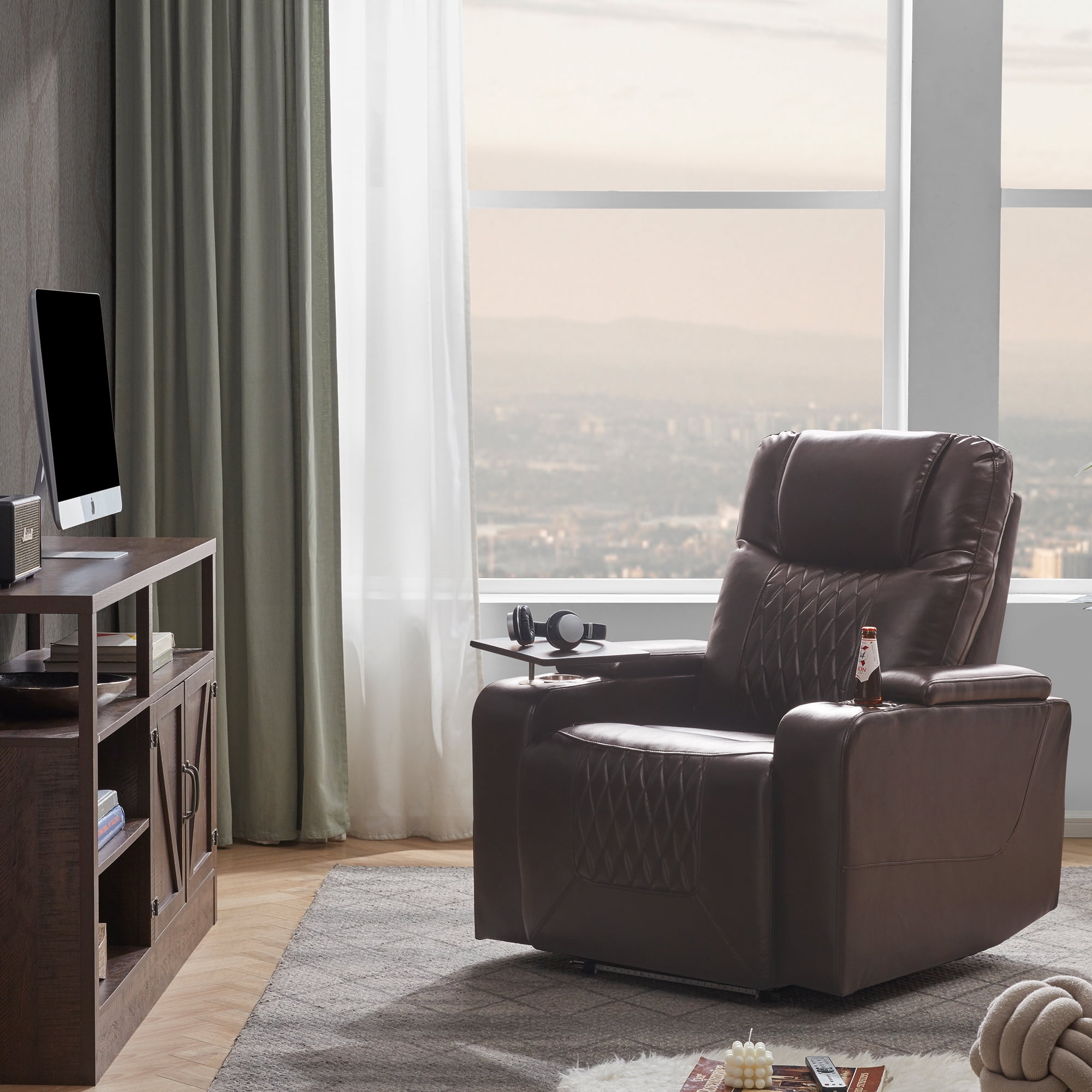 Euroco Modern Power Recliner Chair with USB Port, Swivel Tray Table, Hidden Arm Storage & Dual Cup Holders – Electric Reclining Seat for Living Room or Home Theater