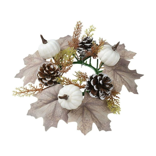 B Fall Harvest Candle Ring Centerpiece Pumpkin Maple Leaf Decor Thanksgiving Table Setting Artificial Flower Wreath For Festive Dining