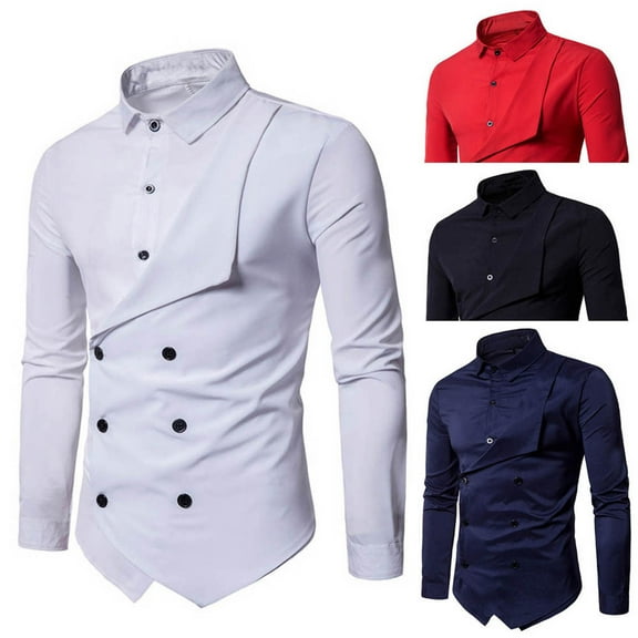 HAPIMO Men's Slim Shirts Gentlemen Holiday Fashion Comfy Long Sleeve Tops Turndown Collar Button Down Tees Casual Relaxed Double-Breasted Solid Red M