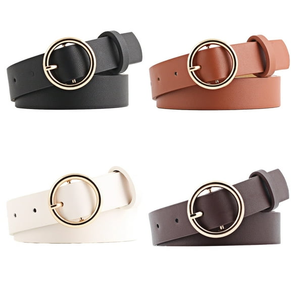 4 Pcs PU Leather Belts for Women, Adjustable Sizes 3T-5T, Black, Coffee, Tan, White Stylish with Round Metal Buckle, Comfortable for Everyday Wear