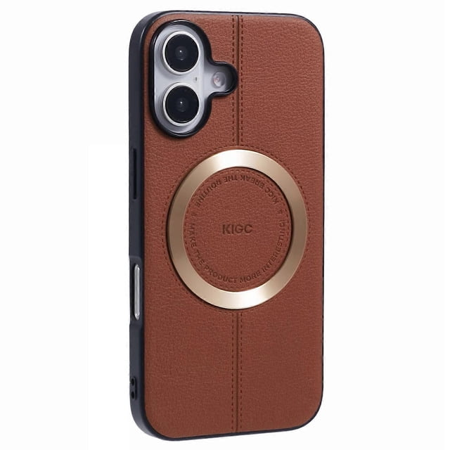 KIGC For iPhone 16 Case Compatible with MagSafe Litchi Texture Leather Coated PC+TPU Phone Cover - B