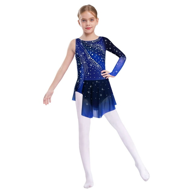 Freebily Robe de Danse Ballet Patinage Artistique à Manches Longues pour Filles avec Strass Bleu Marine 8