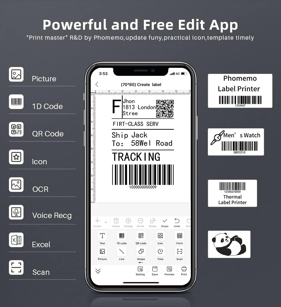 Phomemo M220 3.14 Inch Portable Bluetooth Thermal Label Maker - Support 20-80mm Width Label for Clothing, Mailing, and Address Labels - Compatible with Phone and Laptop (Black)