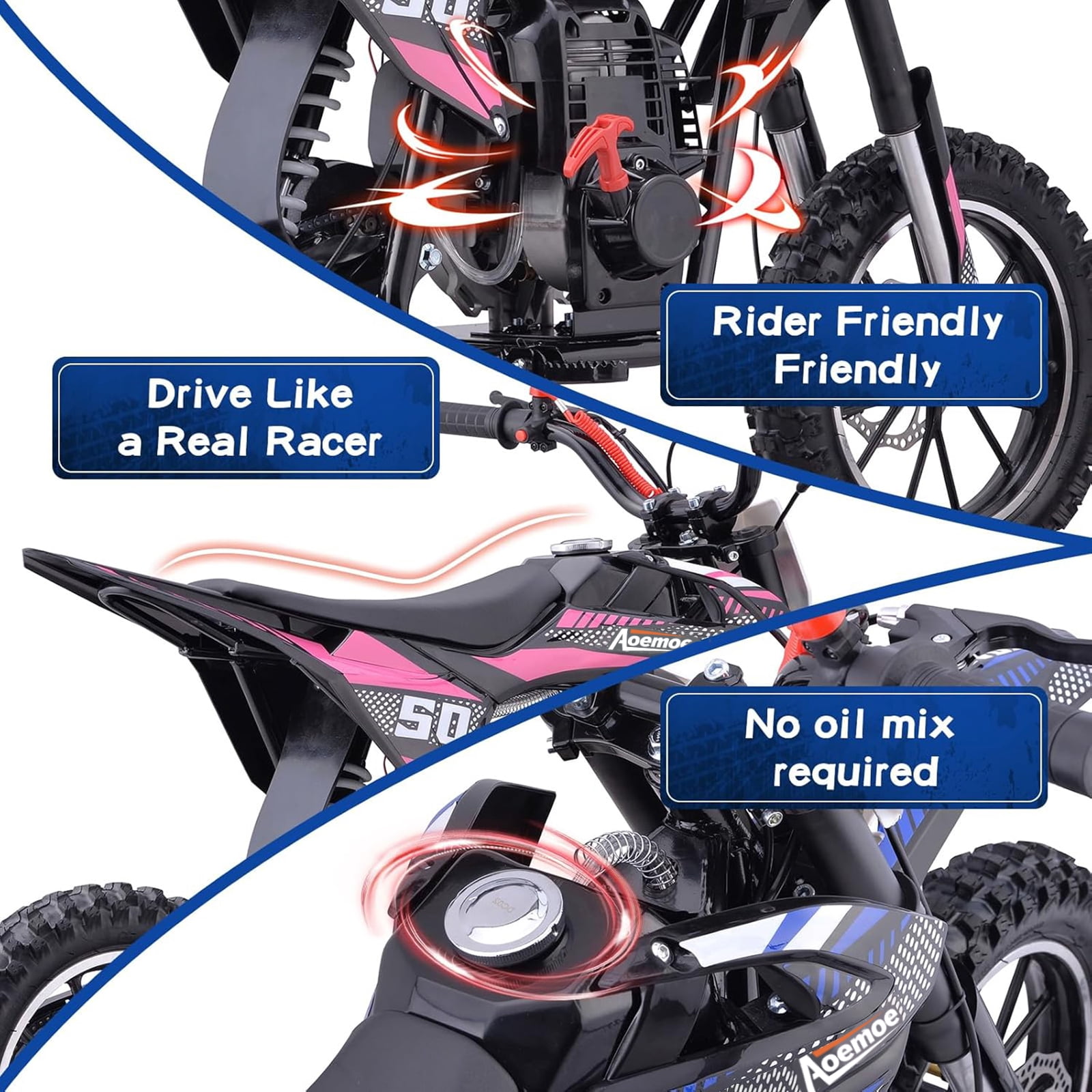 Aoemoe 39cc 4-Stroke Kids Mini Dirt Bike, Gas Powered, Rear Suspension & Disc Brakes, 20Mph/165Lbs,Pink