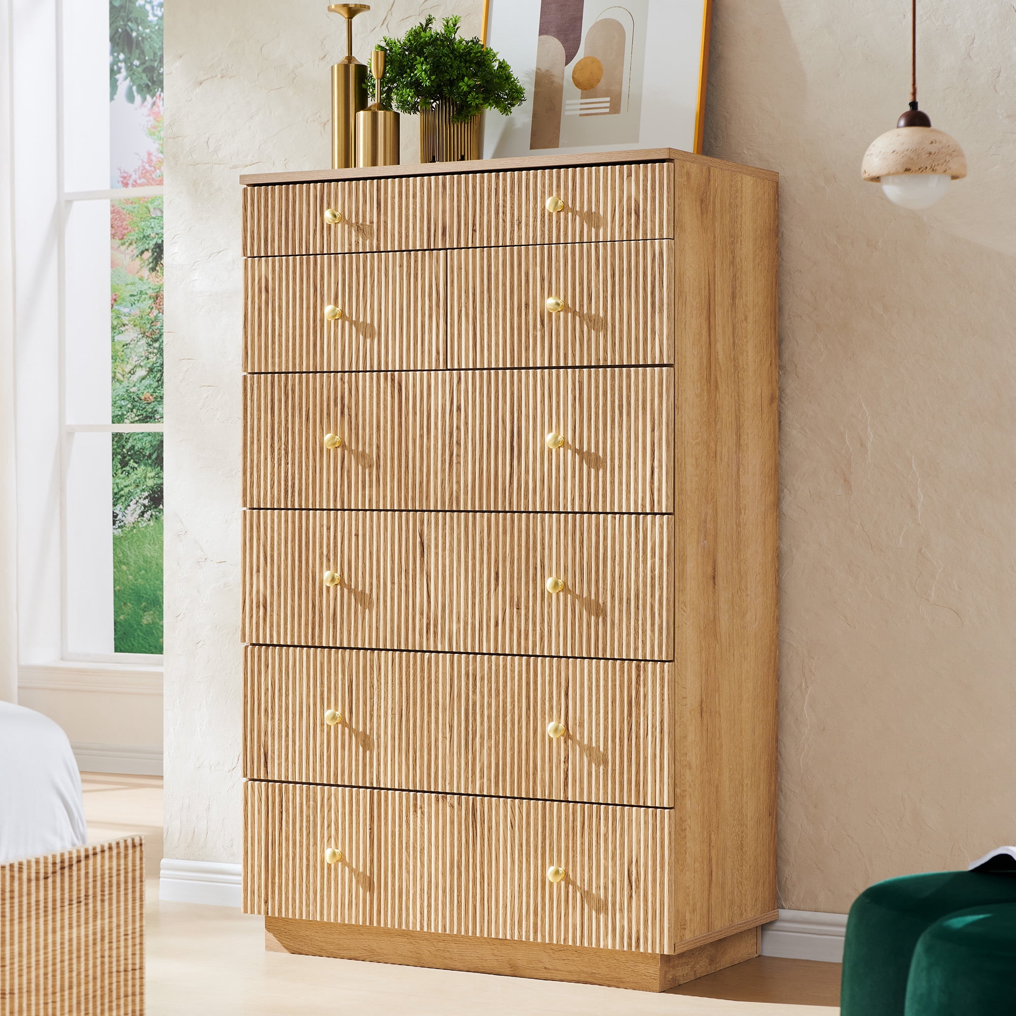 wow97e Fluted 7 Drawers Dresser for bedroom, Wood Chest of Drawers with Deep Storage, Tall Modern Bedroom Chest for Closet Hallway, Entryway, Living Room