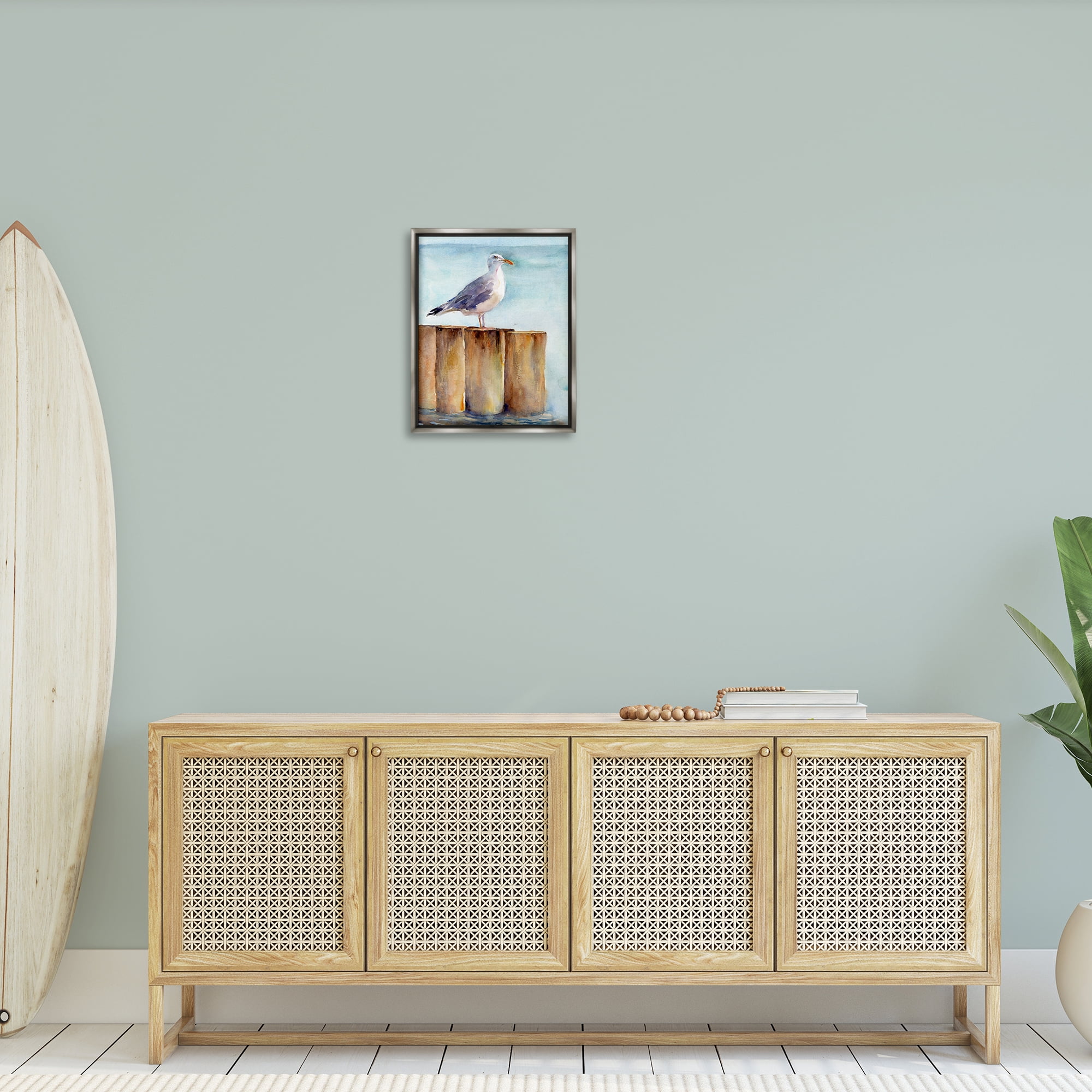 Stupell Industries Seagull's Perch by Sea Nautical & Beach Painting Gray Floater Framed Canvas Art Print Wall Art, 17 x 21