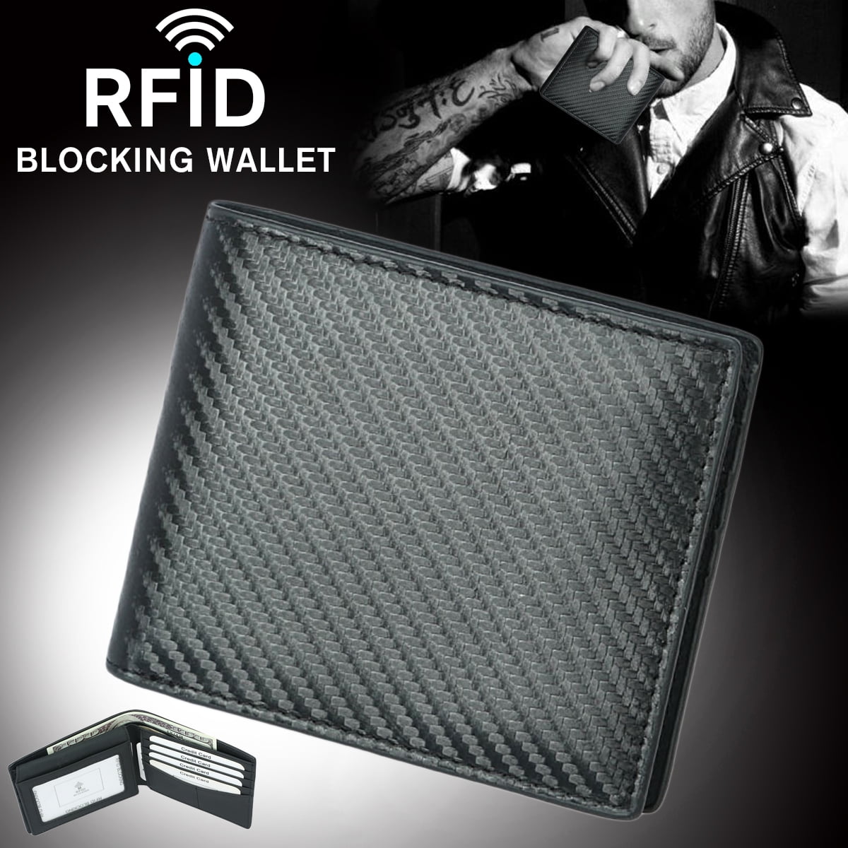 RFID Blocking Men's Bifold Carbon Fiber Credit Card Holder Soft Leather Wallet