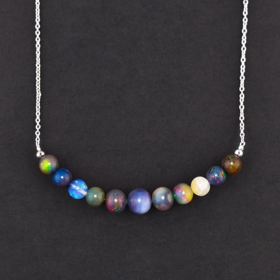 QNAVIC AA Multi Opal Plain Round Beaded Bar Necklace for Women, Natural Gemstone Healing Crystals Birthstone Jewelry, Rhodium Plated Sterling Silver Jewelry 18" Birthday Gift for Her